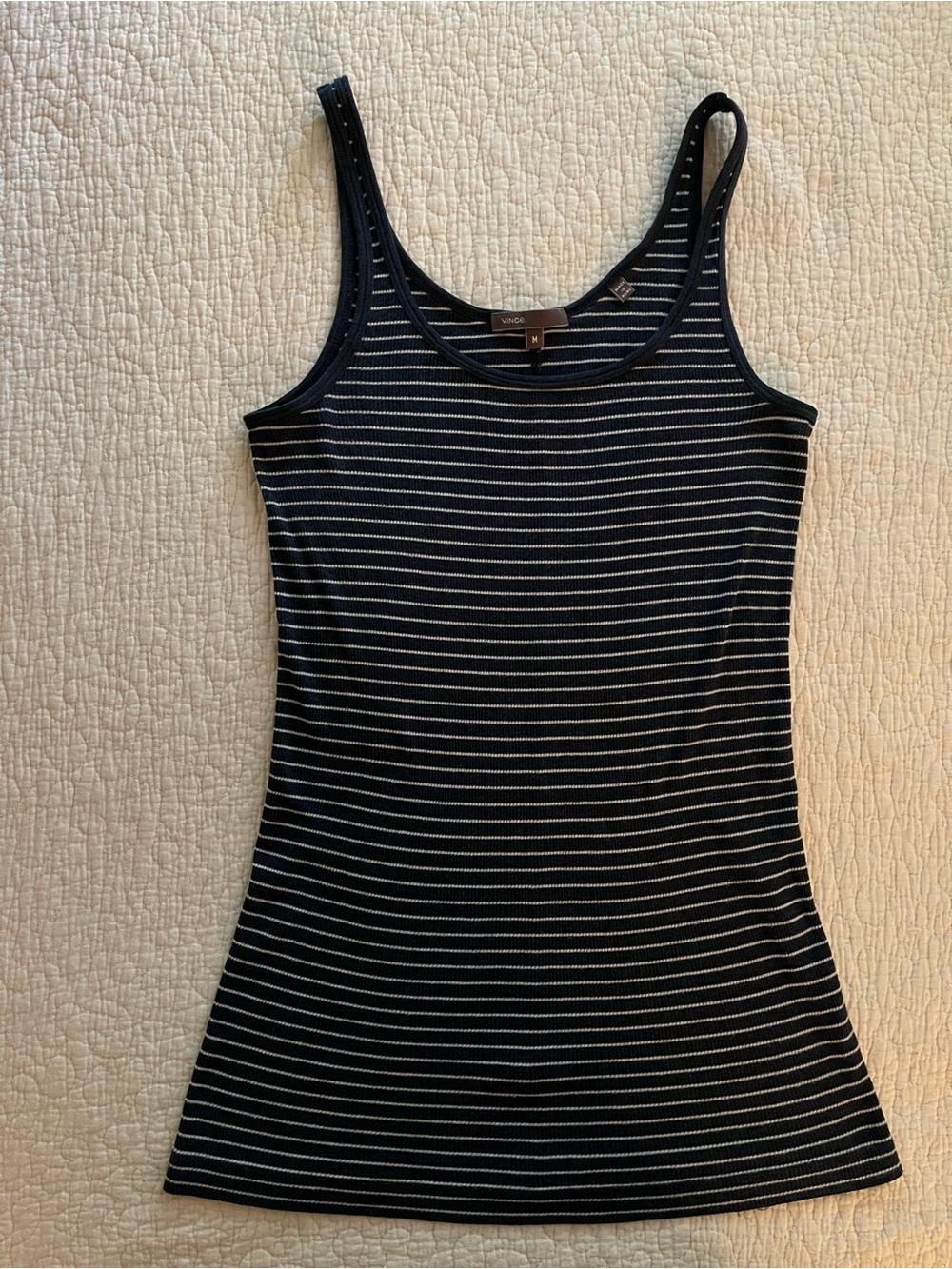 Vince Navy and White Striped Ribbed Tank
